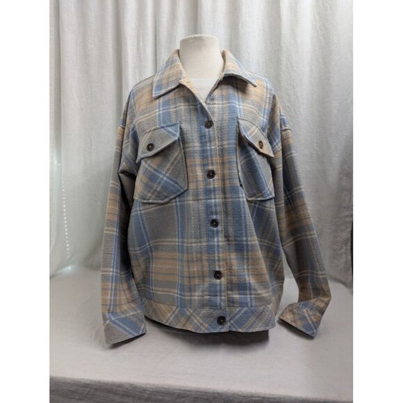 Boston Traders women's XL blue tan white plaid shacket earth tones button G7 - Picture 10 of 10